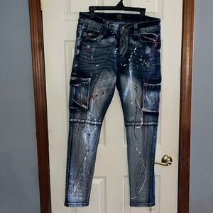 Elite premium denim-34x32-distressed, paint splatter, cargo, acid wash jeans.